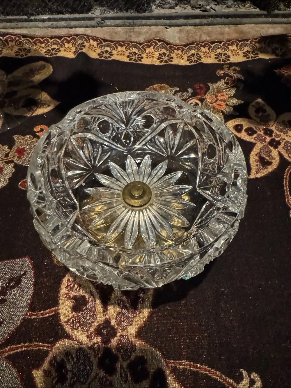 Vintage Cut Glass Crystal Compote with Brass Pedestal